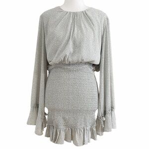 ANTHRO KAYLA'S ARMOIRE BLUE WHITE FLORAL SMOCKED RUFFLE TIE CUFF DRESS - L